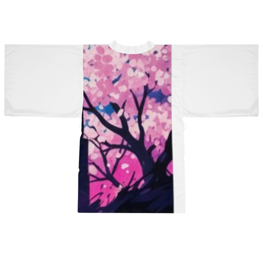 Cherry Blossom Silhouette Kimono Robe — Anime Girl Torii Nightscape