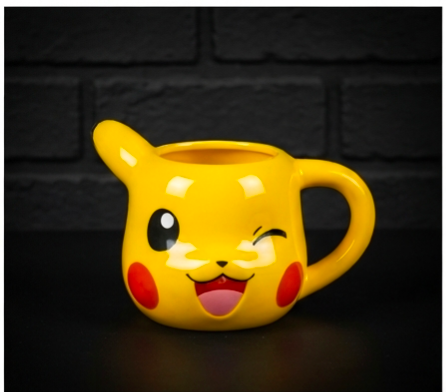 Pikachu winking face ceramic mug on dark brick background