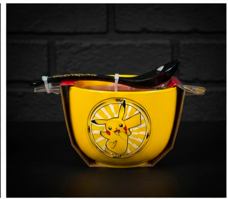 Pikachu ramen bowl with chopsticks on dark brick background
