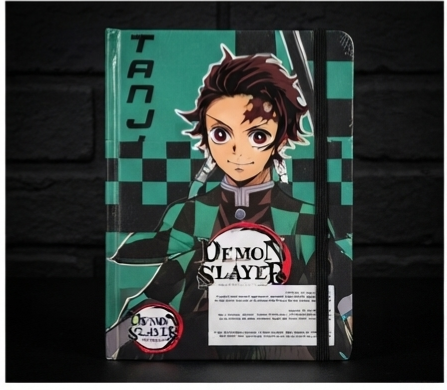 Demon Slayer Tanjiro hardcover notebook with elastic band closure on dark brick background