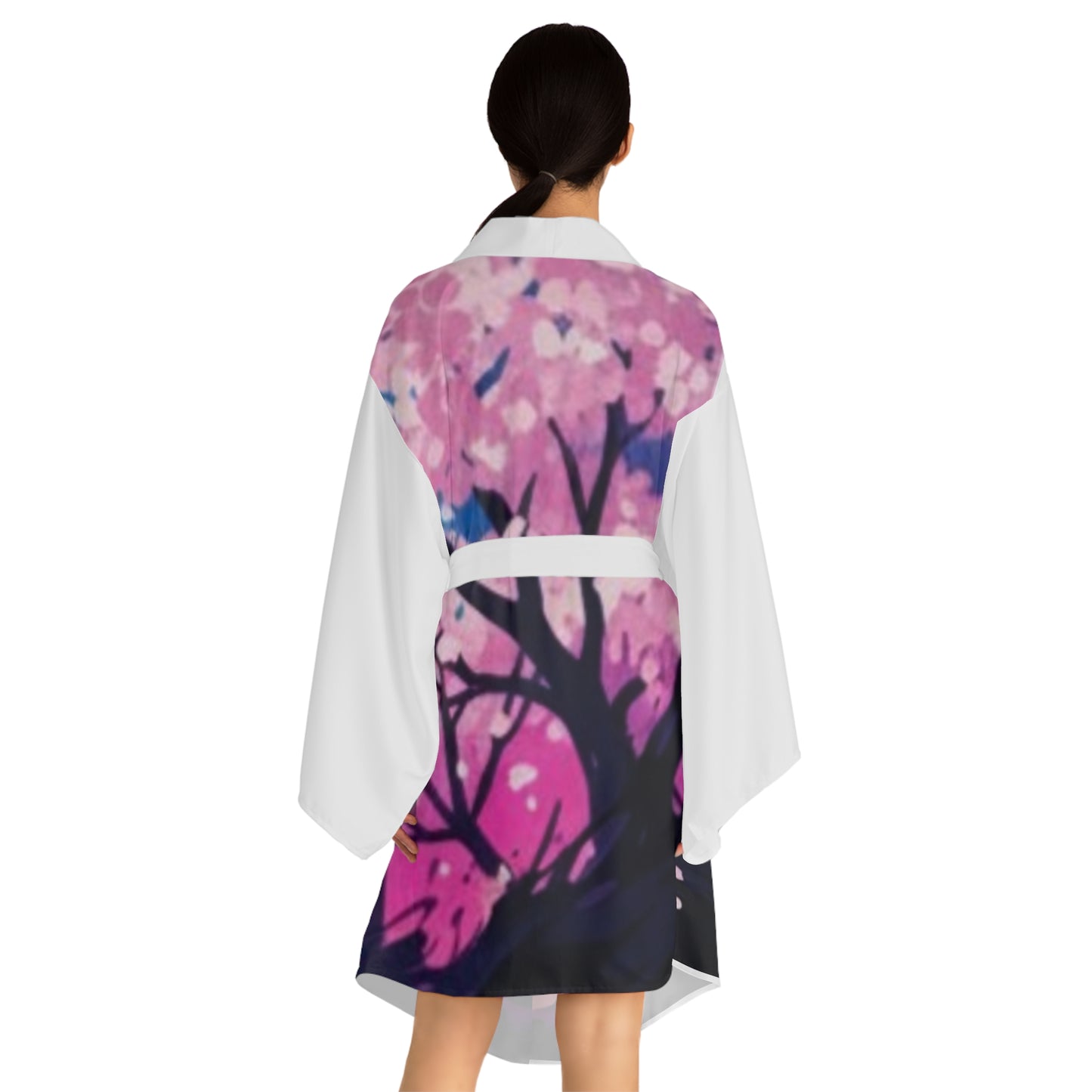Cherry Blossom Silhouette Kimono Robe — Anime Girl Torii Nightscape