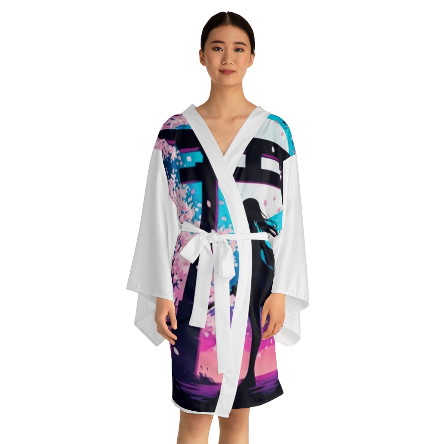 Cherry Blossom Silhouette Kimono Robe — Anime Girl Torii Nightscape