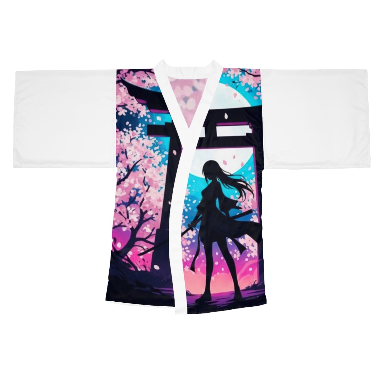Cherry Blossom Silhouette Kimono Robe — Anime Girl Torii Nightscape