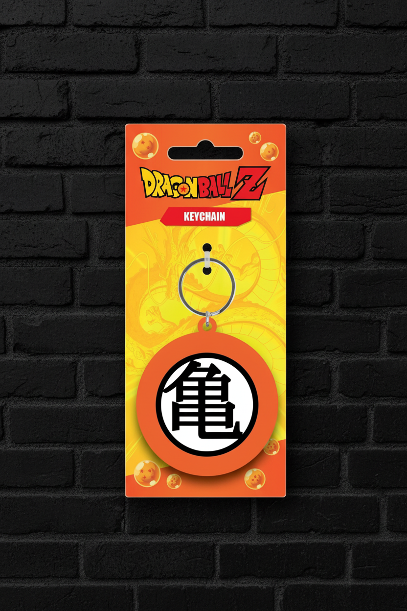 Dragon Ball Z Kame Symbol Rubber Keychain on black brick background