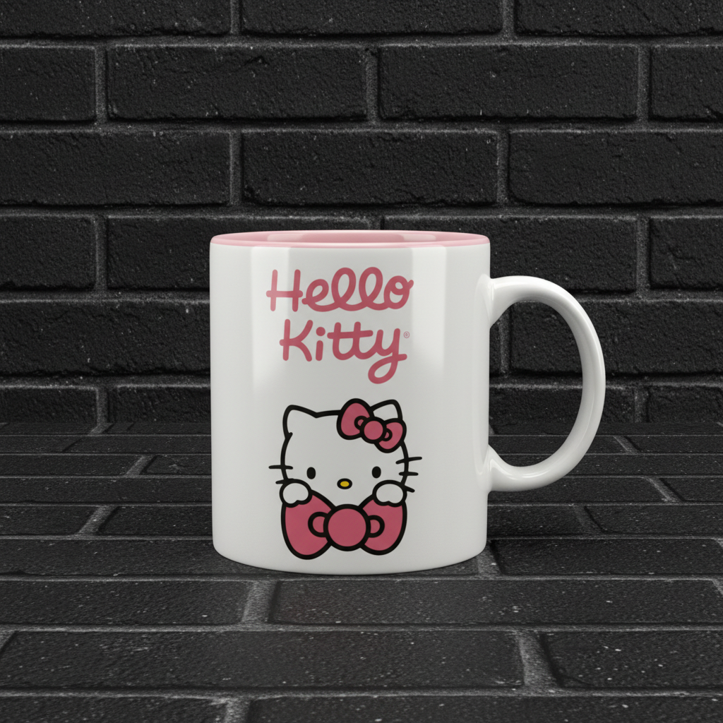 Hello Kitty Ceramic Coffee Mug on black brick background