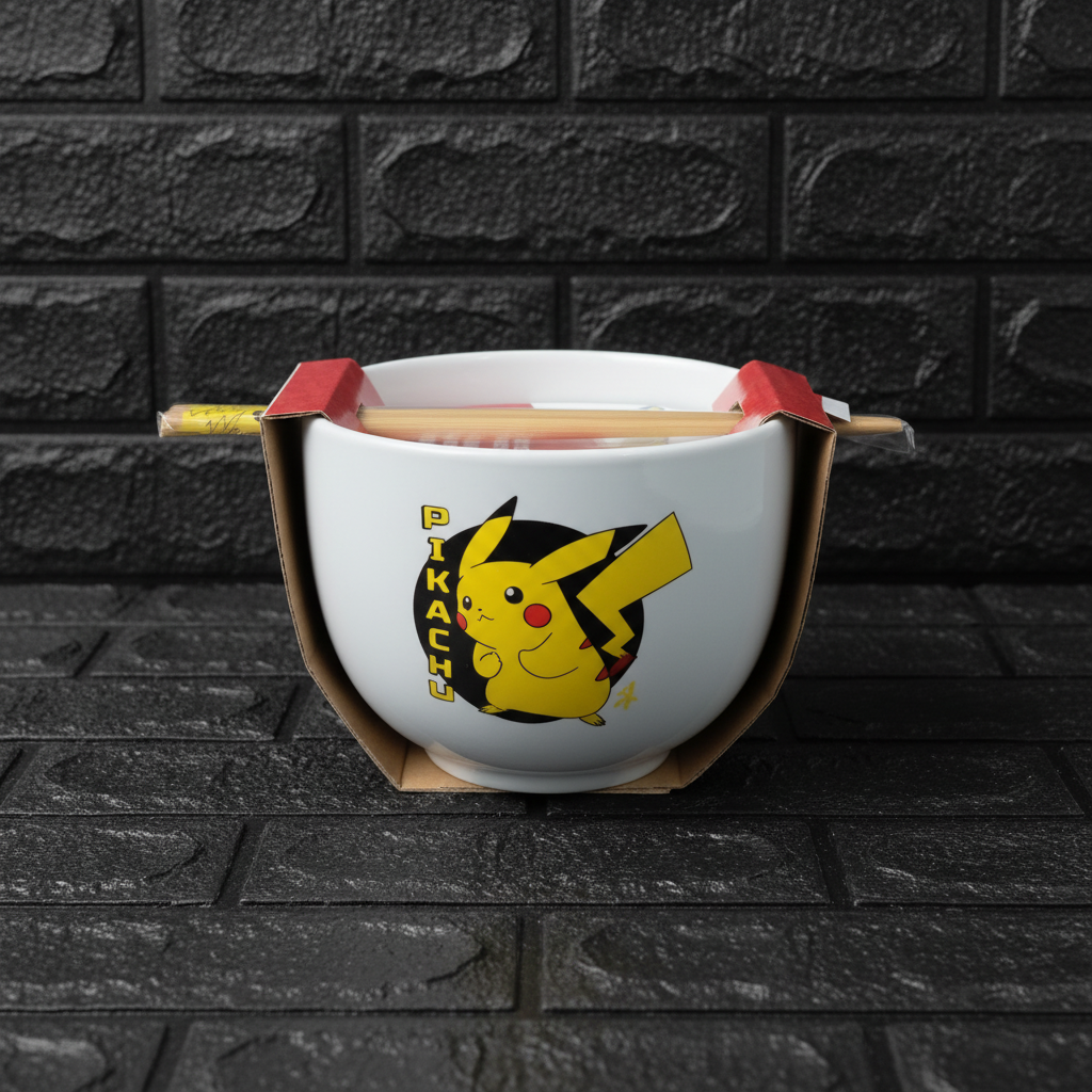Pokémon Pikachu Ramen Bowl with Chopsticks on black brick background