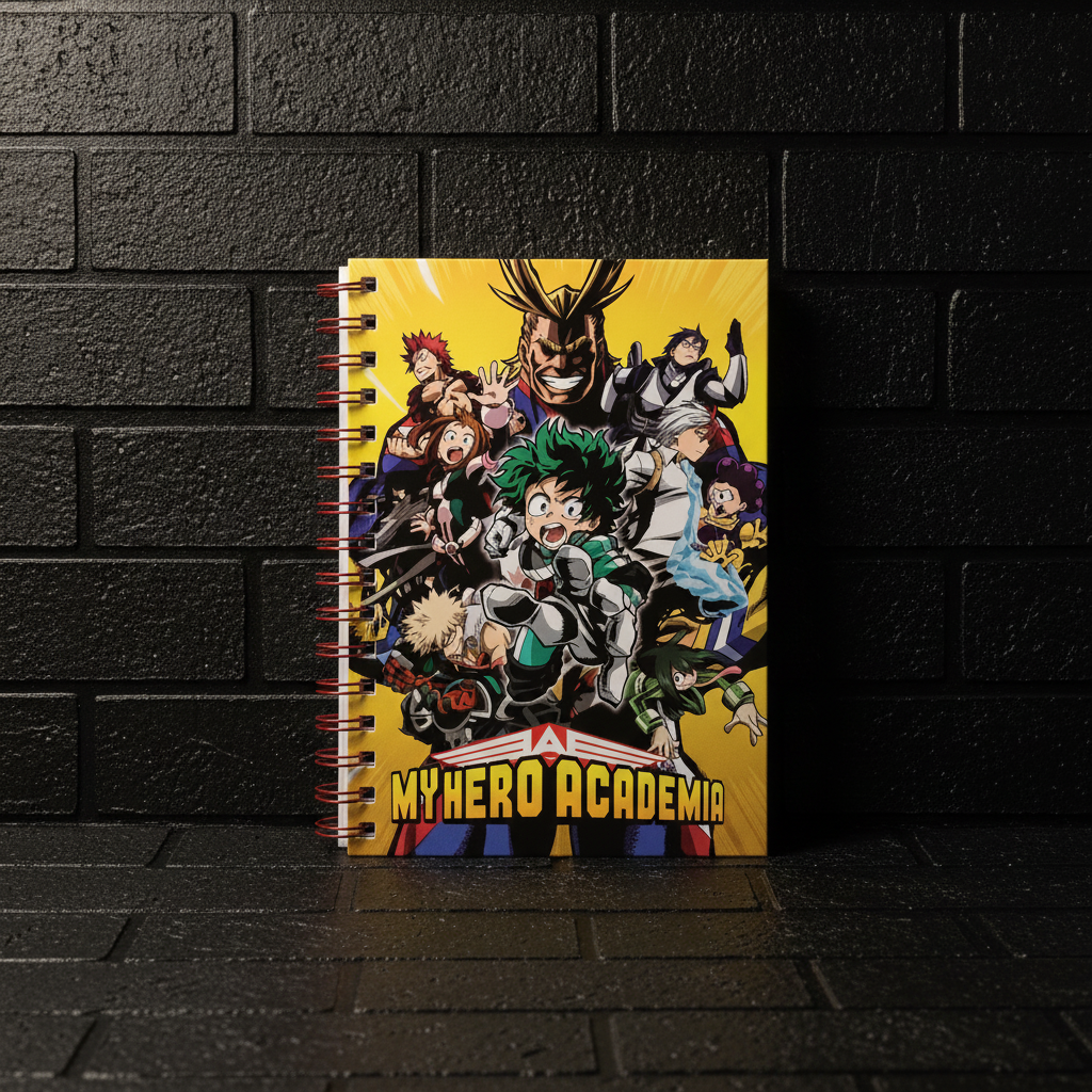 My Hero Academia spiral notebook displayed against a black brick wall background