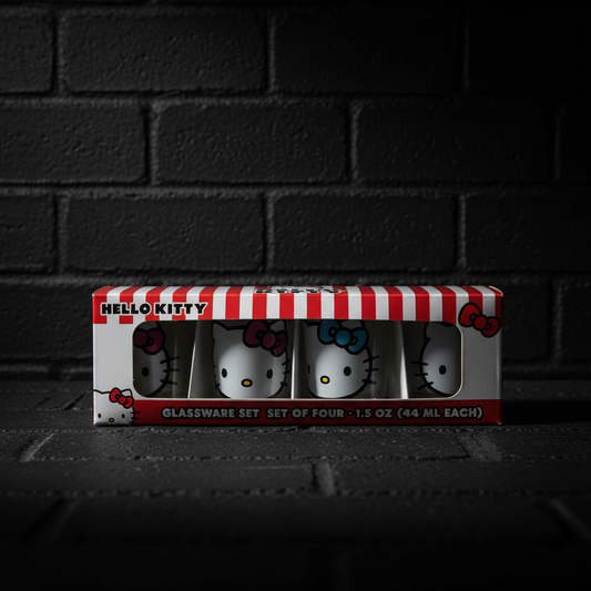 Hello Kitty shot glass set on dark brick background enhanced product photo